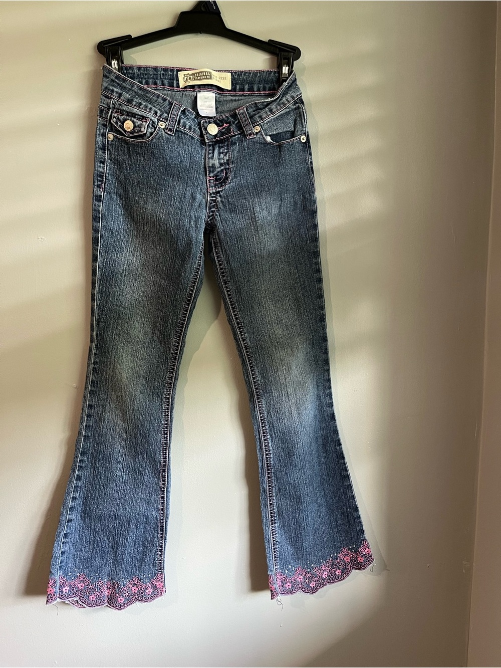 Route 66 Y2K Dark Blue Flare Jeans with Pink Embroidered Hem